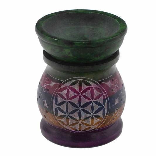 Alt Tag: Vibrant Soapstone Oil Burner – Flower of Life 10CM, multicolor soapstone oil burner with Flower of Life pattern and wide bowl top