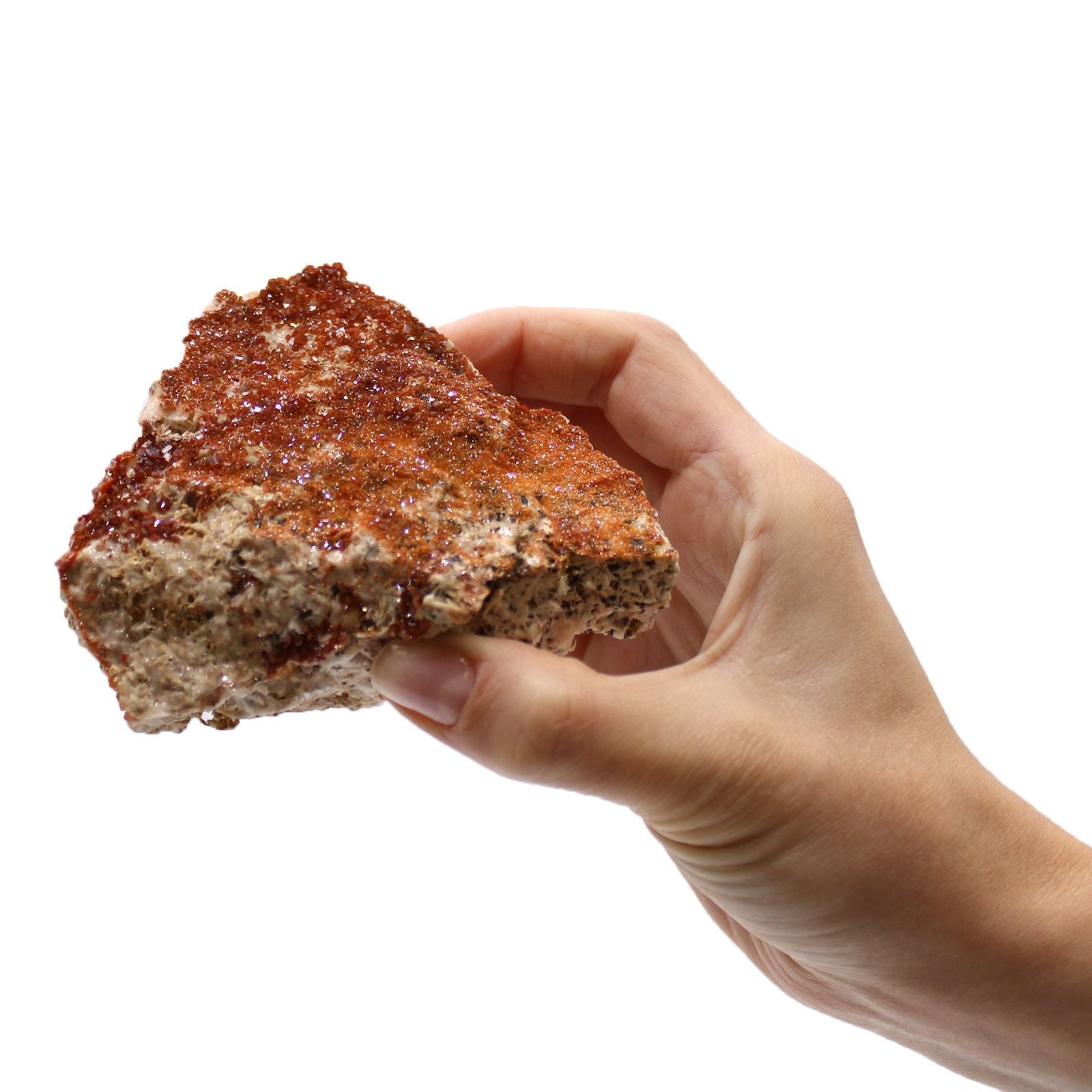 Alt Tag: Vibrant Vanadinite Mineral Specimens – Approx. 20 Pieces held in hand, orange-red vanadinite crystal cluster on rock matrix
