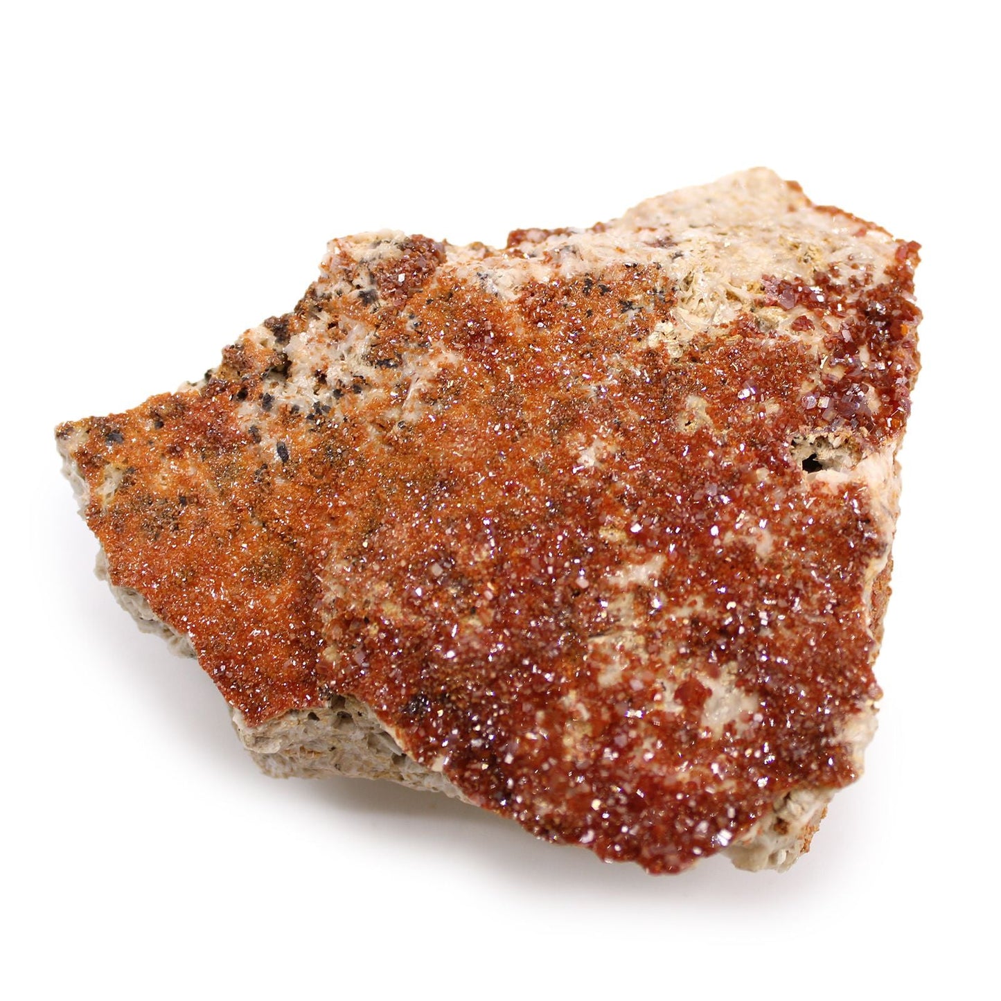 Alt Tag: Vibrant Vanadinite Mineral Specimens – Approx. 20 Pieces, muestra de mineral vanadinita roja con cristales sobre matriz, foto en fondo blanco