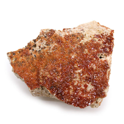 Alt Tag: Vibrant Vanadinite Mineral Specimens – Approx. 20 Pieces, muestra de mineral vanadinita roja con cristales sobre matriz, foto en fondo blanco