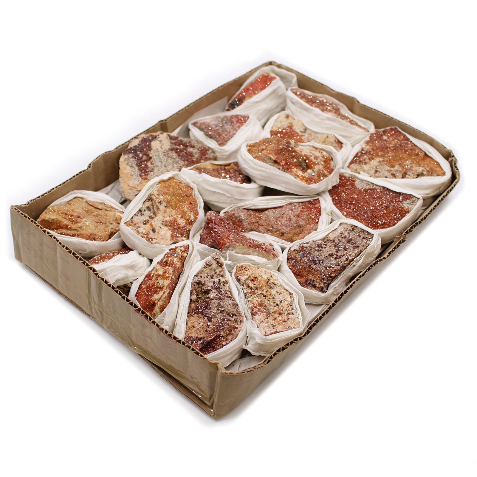 Vibrant Vanadinite Mineral Specimens – Approx. 20 Pieces in cardboard tray, orange-red crystal clusters wrapped for shipping