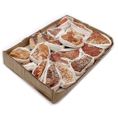 Vibrant Vanadinite Mineral Specimens – Approx. 20 Pieces in cardboard tray, orange-red crystal clusters wrapped for shipping