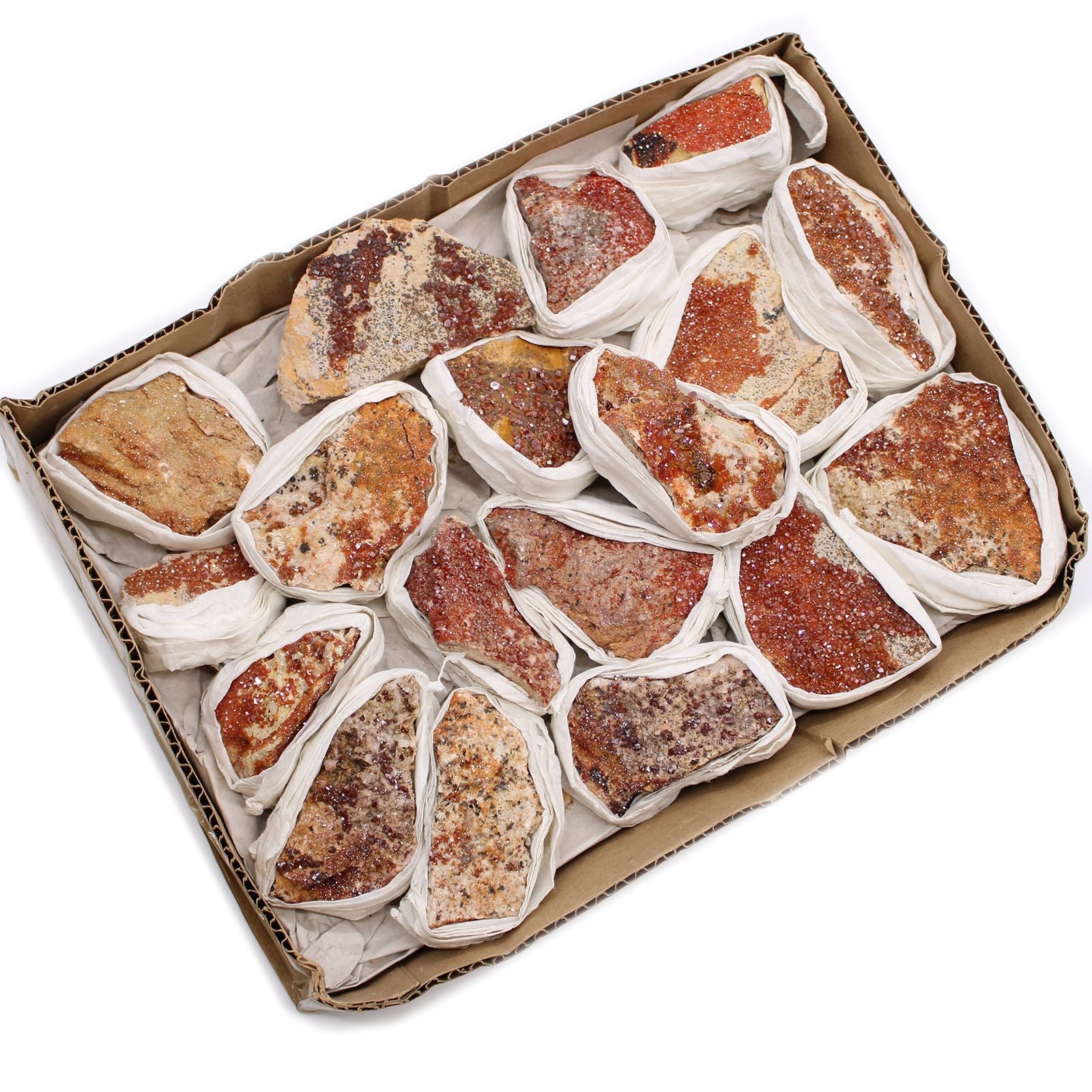 Alt Tag: Vibrant Vanadinite Mineral Specimens – Approx. 20 Pieces in tray, orange-red crystal clusters wrapped for shipping