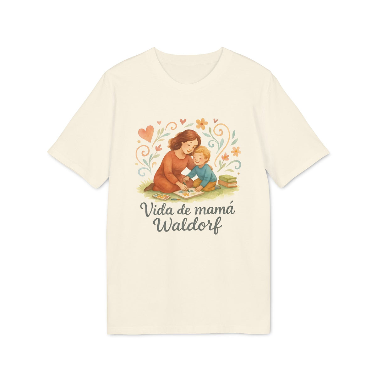 Vida Mama Waldorf Sustainable Unisex Tee color crema con ilustración de mamá y niño leyendo y texto 