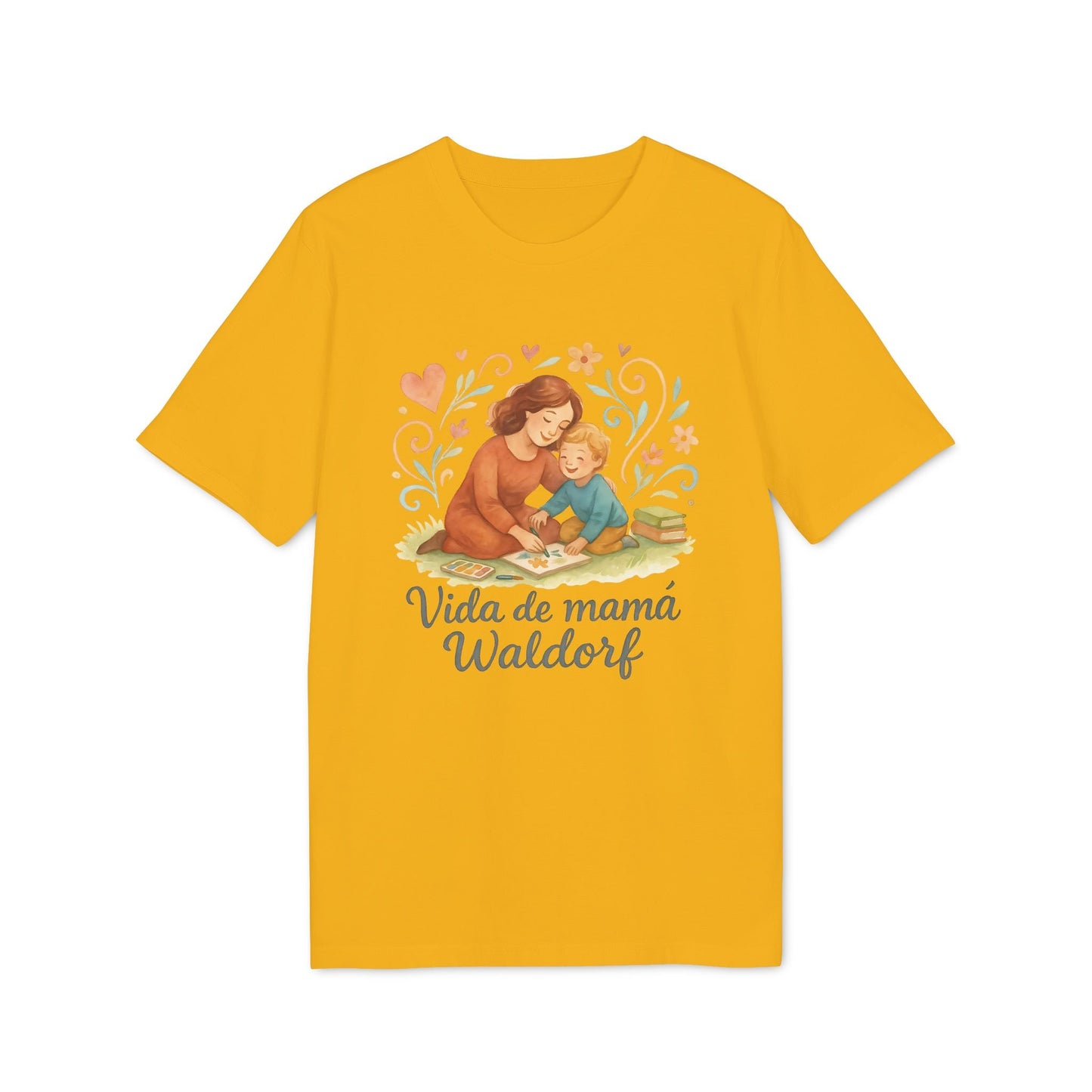 Vida Mama Waldorf Sustainable Unisex Tee yellow graphic T-shirt with mother and child illustration and “Vida de mamá Waldorf” text