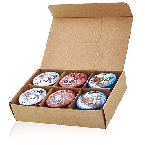 Caja abierta con 6 velas en lata navideñas vintage de cera de soja, Vintage Christmas Art Tin Candle – 120G Soy Wax