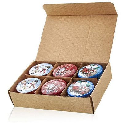 Caja abierta con 6 velas en lata navideñas vintage de cera de soja, Vintage Christmas Art Tin Candle – 120G Soy Wax
