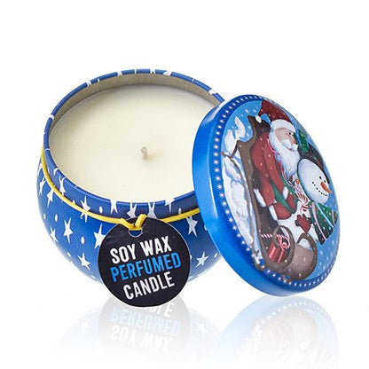 Alt Tag: Vintage Christmas Art Tin Candle – 120G Soy Wax in blue vintage tin with Santa lid, soy wax perfumed candle, holiday decor