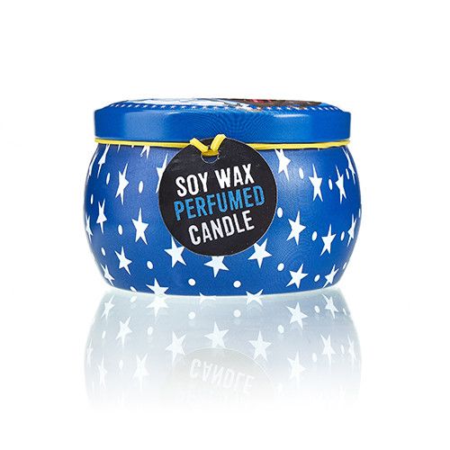 Alt Tag: Vintage Christmas Art Tin Candle – 120G Soy Wax in blue star-pattern tin with lid, soy wax perfumed candle