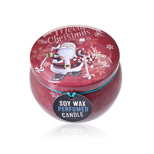 Alt Tag: Vintage Christmas Art Tin Candle – 120G Soy Wax en lata vintage roja con diseño de Papá Noel, vela perfumada de cera de soja