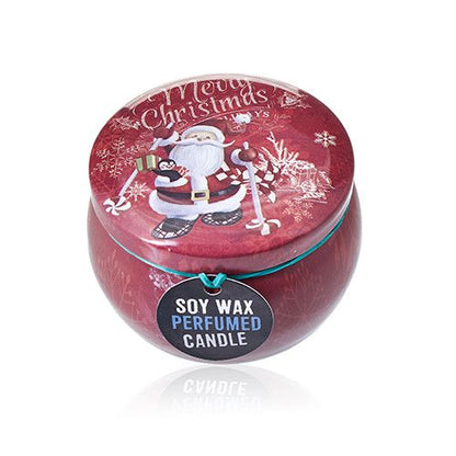 Alt Tag: Vintage Christmas Art Tin Candle – 120G Soy Wax en lata vintage roja con diseño de Papá Noel, vela perfumada de cera de soja