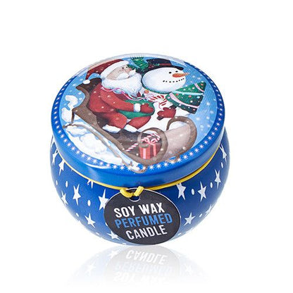 Alt Tag: Vintage Christmas Art Tin Candle – 120G Soy Wax in blue vintage tin with Santa and snowman lid, soy wax perfumed candle