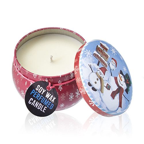 Alt Tag: Vintage Christmas Art Tin Candle – 120G Soy Wax, soy wax candle in vintage tin with snowman lid and red holiday design