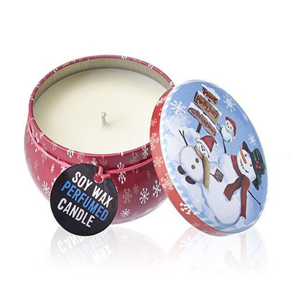 Alt Tag: Vintage Christmas Art Tin Candle – 120G Soy Wax, soy wax candle in vintage tin with snowman lid and red holiday design