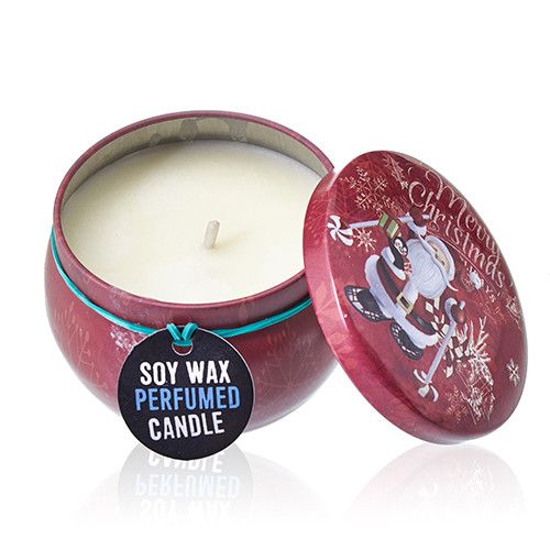 Alt Tag: Vintage Christmas Art Tin Candle – 120G Soy Wax in vintage red tin with lid, soy wax perfumed candle, Christmas illustration