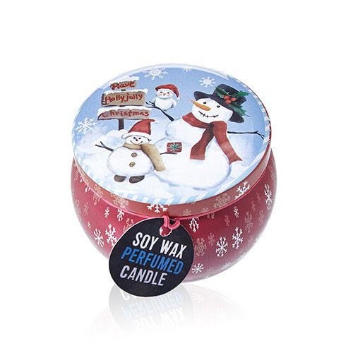 Alt Tag: Vintage Christmas Art Tin Candle – 120G Soy Wax in red vintage tin with snowman Christmas artwork, soy wax perfumed candle