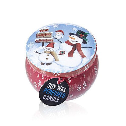 Alt Tag: Vintage Christmas Art Tin Candle – 120G Soy Wax in red vintage tin with snowman Christmas artwork, soy wax perfumed candle
