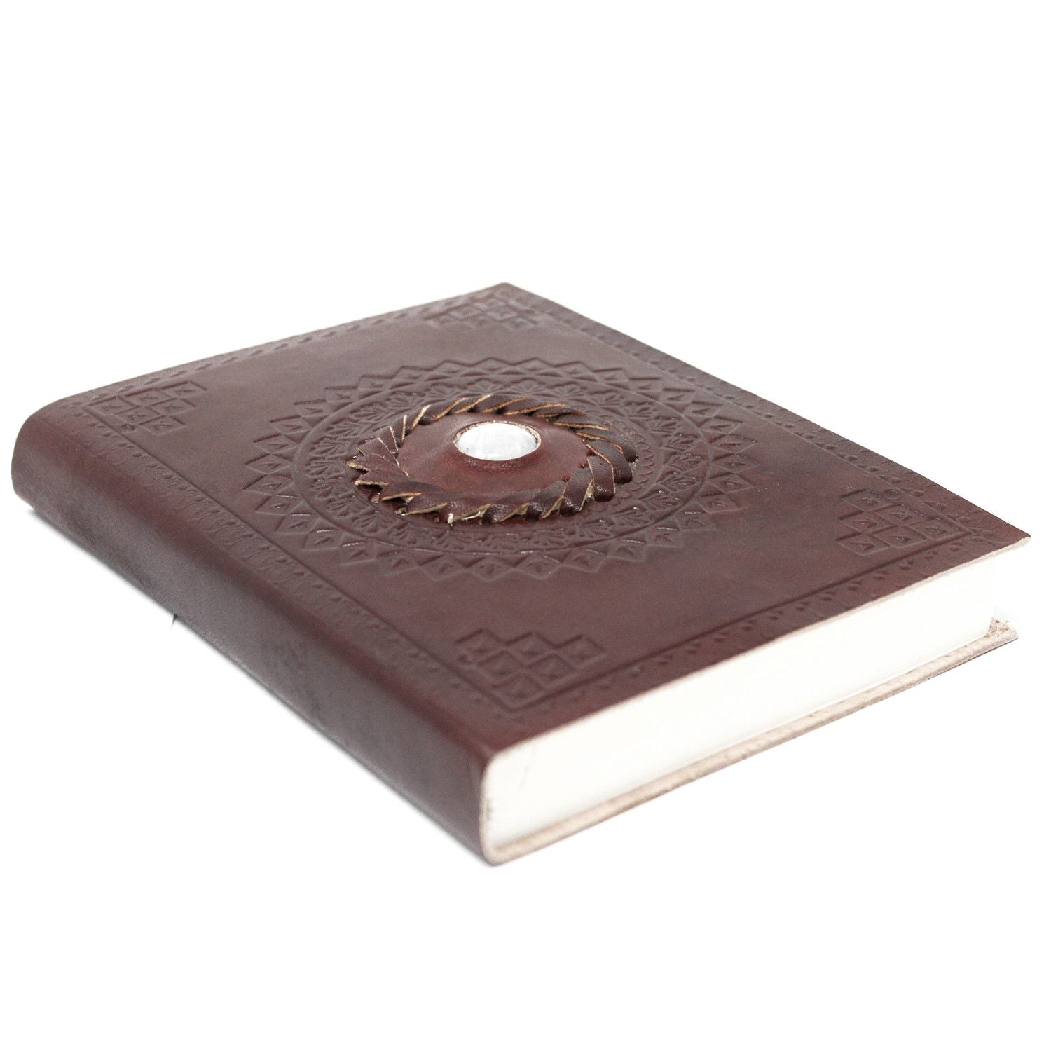Alt Tag: Vintage Leather Moonstone Notebook – 17x12 CM cuaderno de cuero marrón grabado con piedra lunar en la tapa