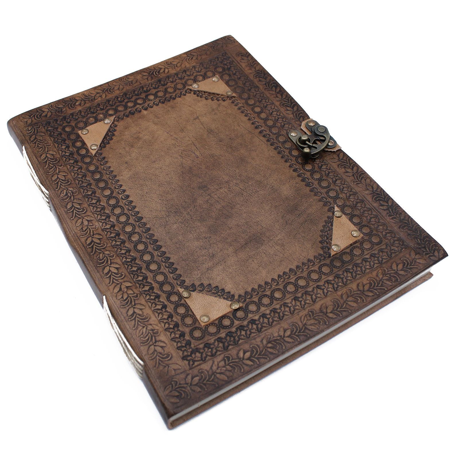 Vintage Leather Visitor Book – 33x25 CM, 200 Pages, handmade leather guest book with embossed cover and metal clasp