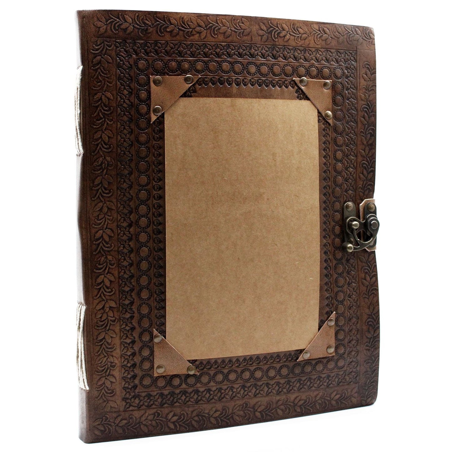Vintage Leather Visitor Book – 33x25 CM, 200 Pages with embossed leather cover, metal corner protectors and clasp closure