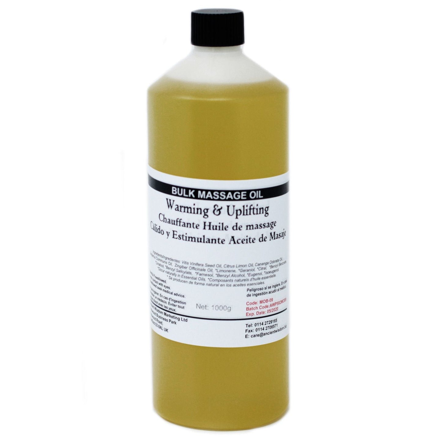Vitis Vinifera Massage Oil – 1 KG botella de aceite de masaje a granel con etiqueta “Warming & Uplifting”, 1000 g