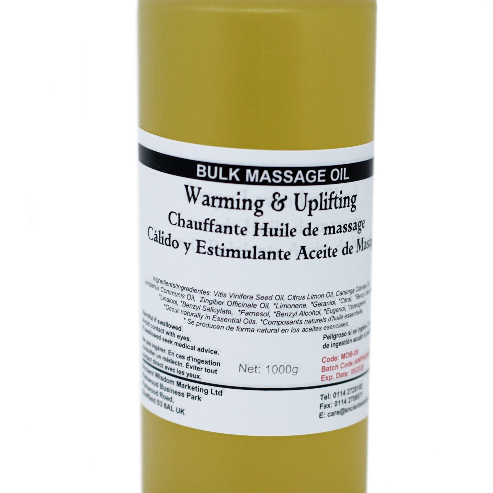 Alt Tag: Vitis Vinifera Massage Oil – 1 KG bulk massage oil 1000g bottle, warming & uplifting label with grape seed and lemon oils