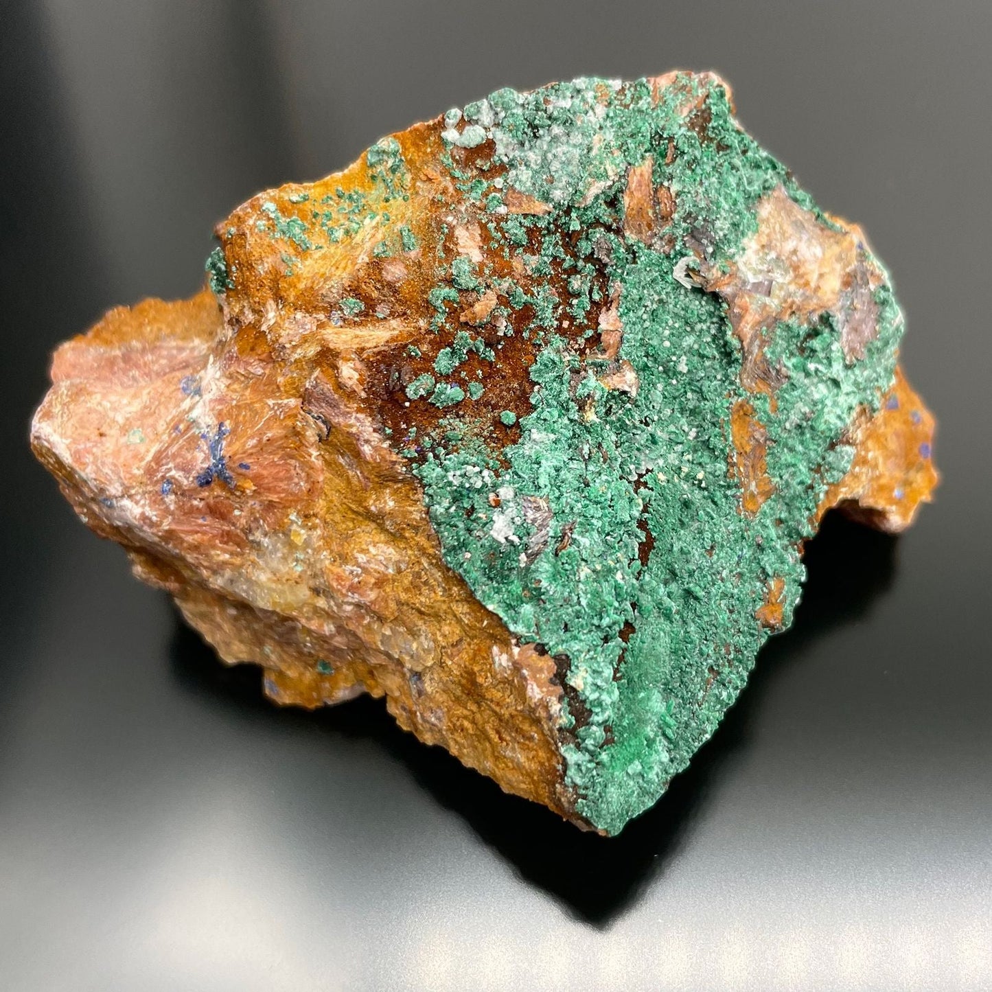 Alt Tag: Vivid Azurite Malachite Specimens – 20 Piece Set, mineral specimen with vivid green malachite on brown rock matrix