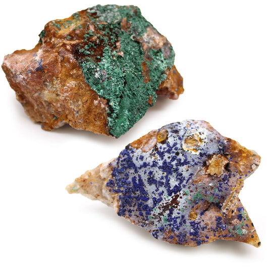 Alt Tag: Vivid Azurite Malachite Specimens – 20 Piece Set, muestras minerales azul-verde de azurita malaquita en matriz de roca