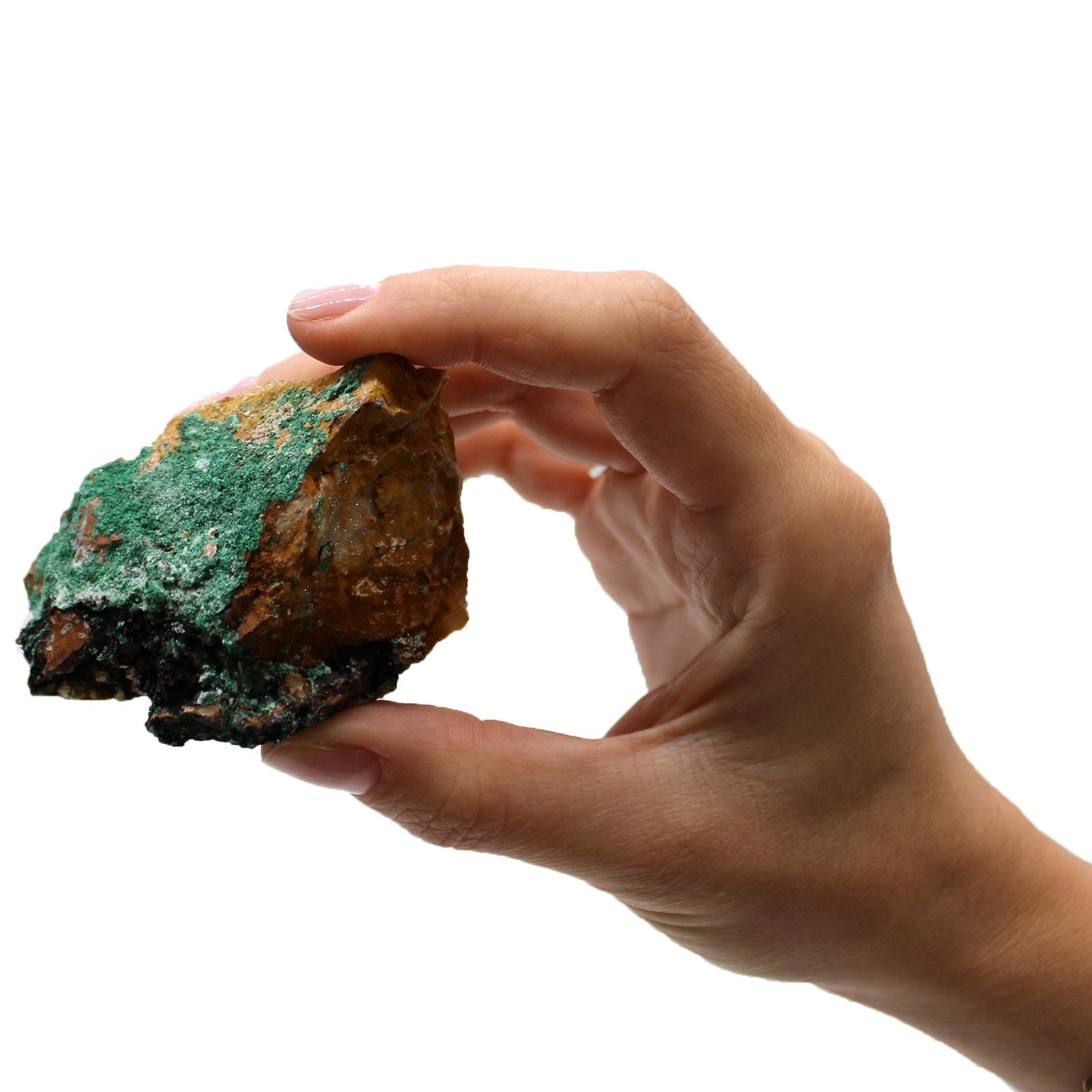 Alt Tag: Vivid Azurite Malachite Specimens – 20 Piece Set mineral sample held in hand, blue-green azurite malachite on brown rock