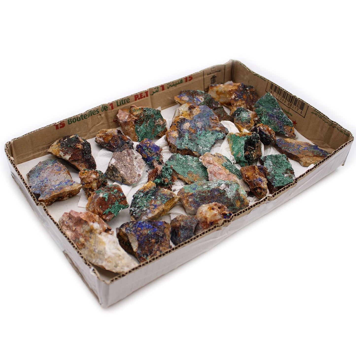 Alt Tag: Vivid Azurite Malachite Specimens – 20 Piece Set in tray, rough blue-green mineral rocks for collectors and display