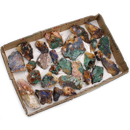 Alt Tag: Vivid Azurite Malachite Specimens – 20 Piece Set in cardboard tray, rough blue-green mineral rocks for collectors