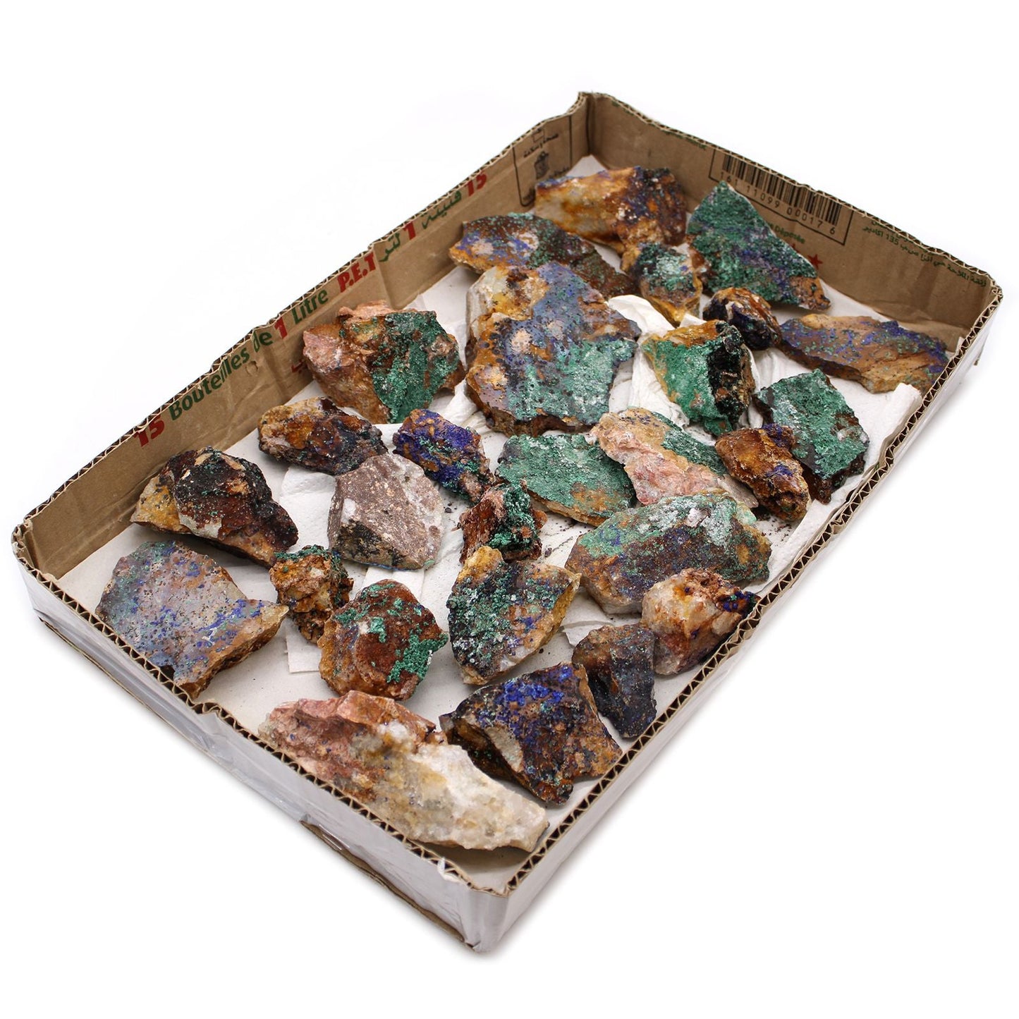 Vivid Azurite Malachite Specimens – 20 Piece Set, mineral rough stones in tray with blue-green azurite and malachite