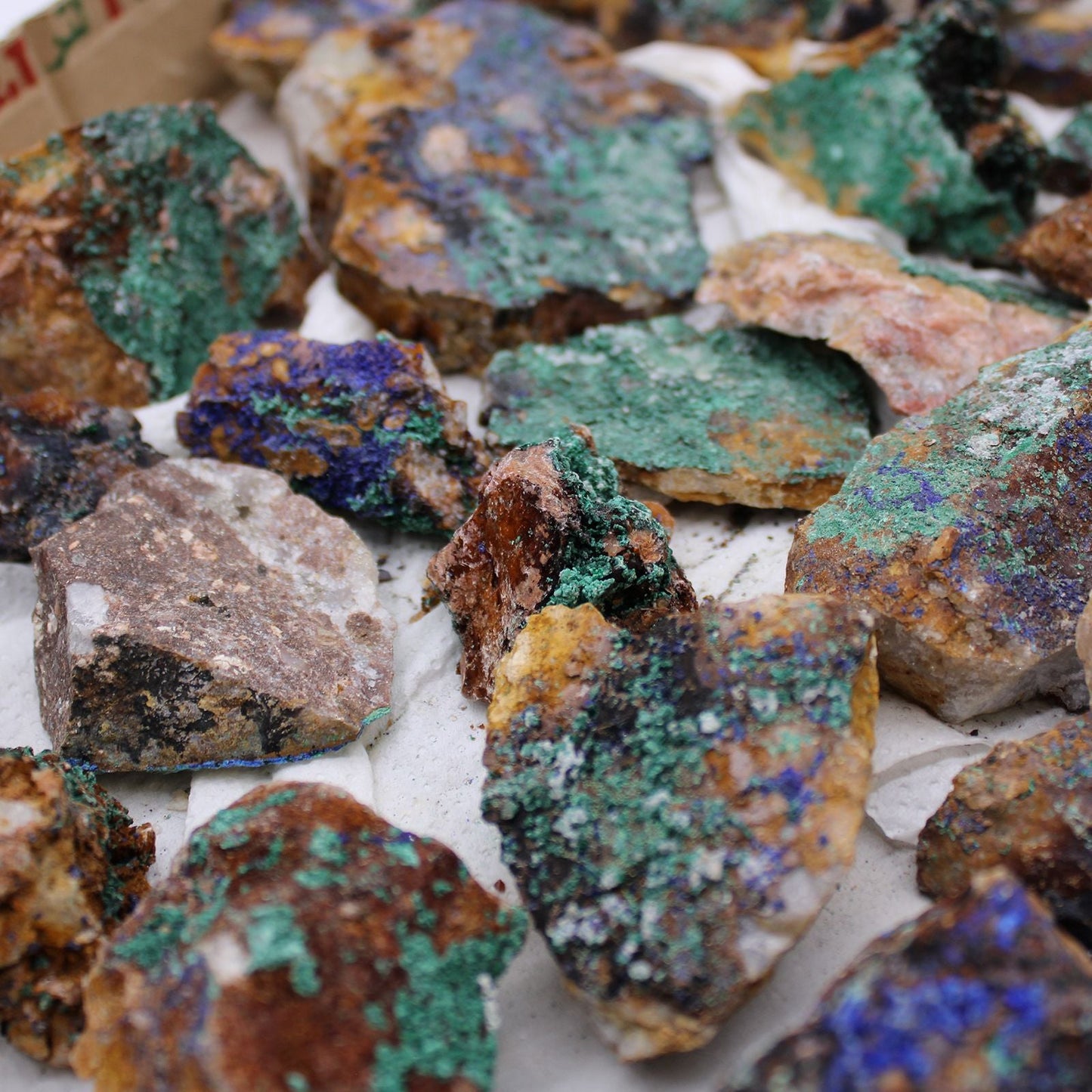 Vivid Azurite Malachite Specimens – 20 Piece Set, rocas minerales en bruto azul-verde sobre superficie blanca