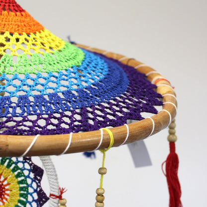 Alt Tag: Vivid Rainbow Dreamcatcher – Extra Large close-up of rainbow woven web on wooden hoop with tassels