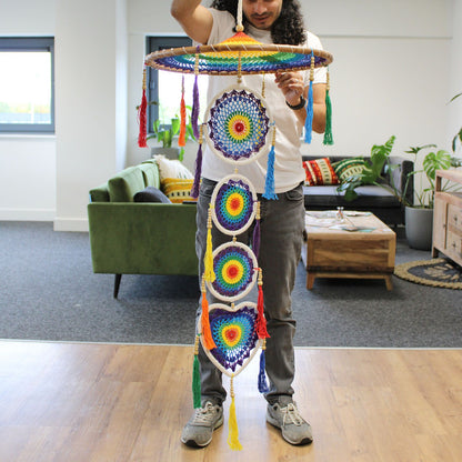 Alt Tag: Vivid Rainbow Dreamcatcher – Extra Large hanging decor with rainbow hoops, colorful tassels and long flowing strands