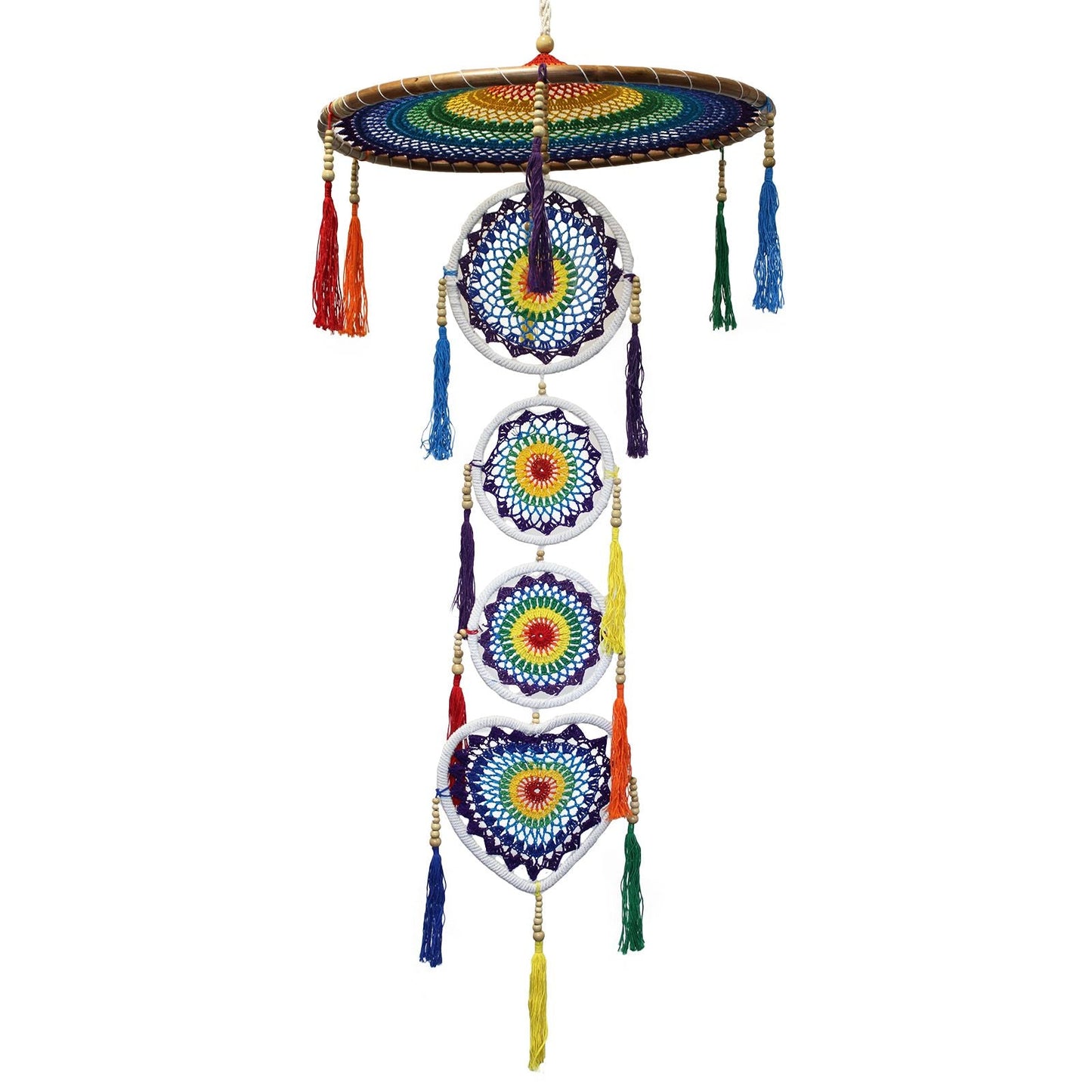 Alt Tag: Vivid Rainbow Dreamcatcher – Extra Large with rainbow woven hoops, colorful tassels, and layered hanging circles