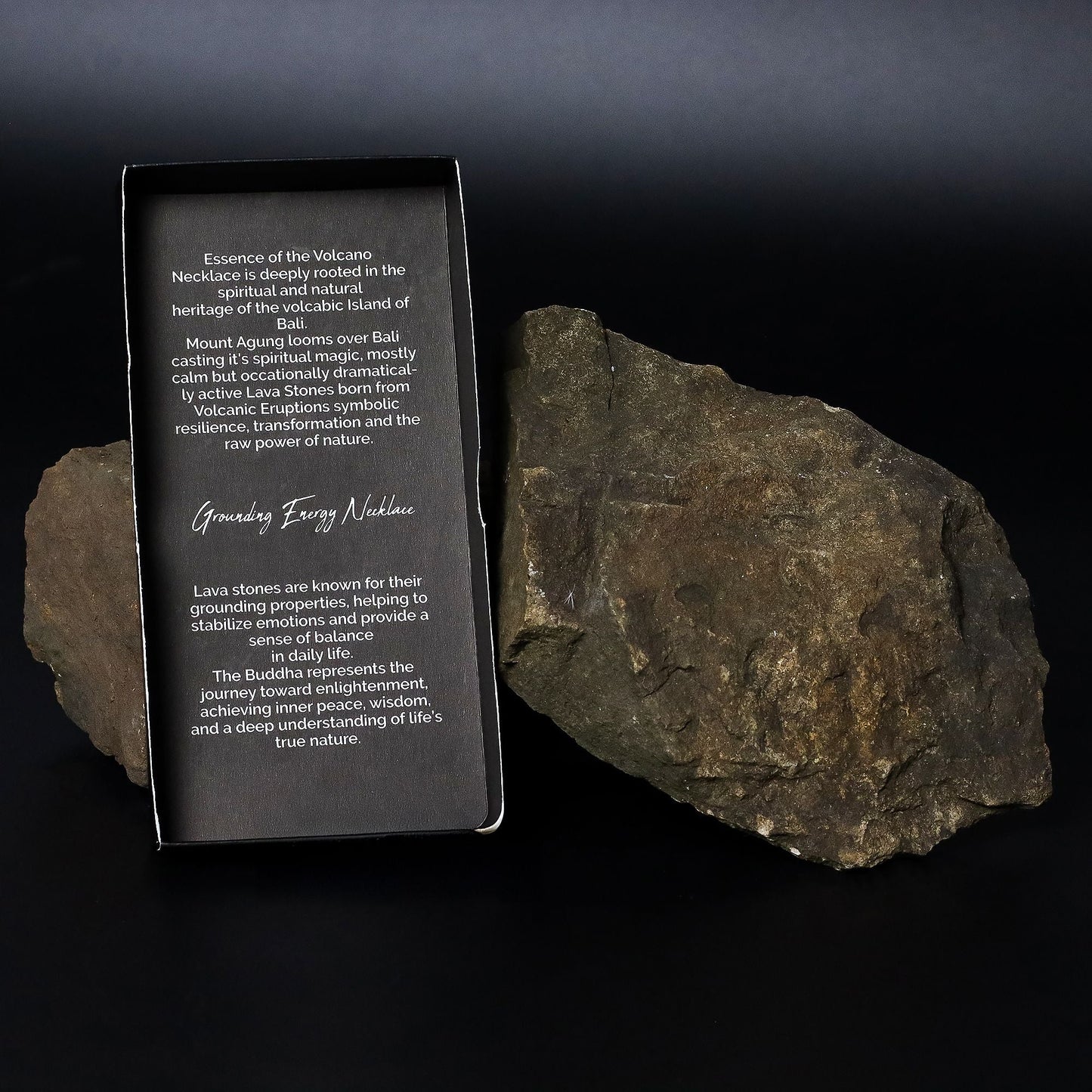 Volcanic Bead Necklace – Grounding Energy product packaging card with volcanic stones, handcrafted natural volcanic and gemstone bead necklace 42 cm