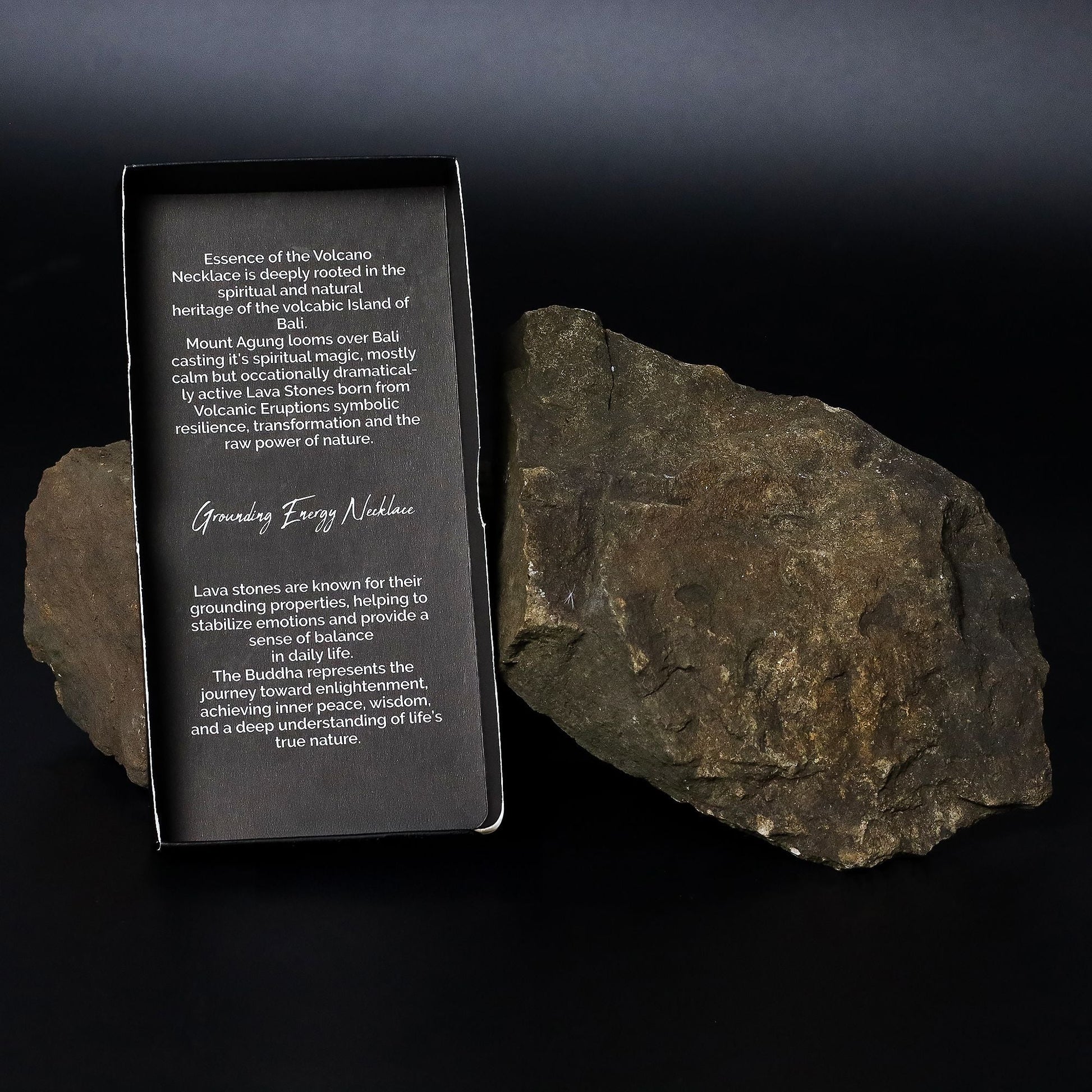 Volcanic Bead Necklace – Grounding Energy product packaging card with volcanic stones, handcrafted natural volcanic and gemstone bead necklace 42 cm