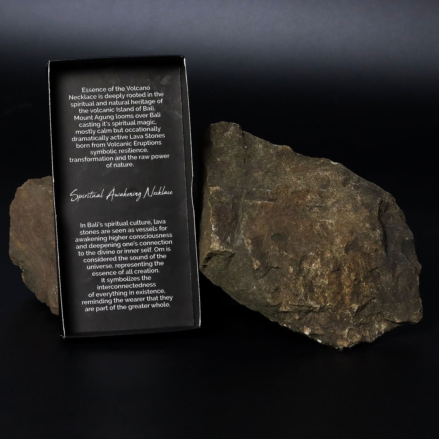 Alt Tag: Volcanic Bead Om Necklace – 42 CM product packaging insert card with volcanic stone on black background