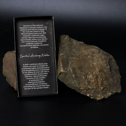 Alt Tag: Volcanic Bead Om Necklace – 42 CM product packaging insert card with volcanic stone on black background