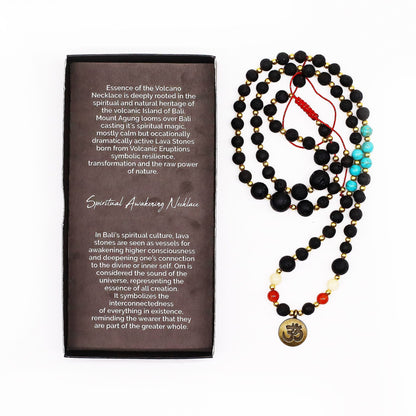Volcanic Bead Om Necklace – 42 CM with black volcanic beads, turquoise and red gemstones, and gold Om pendant, presented with box
