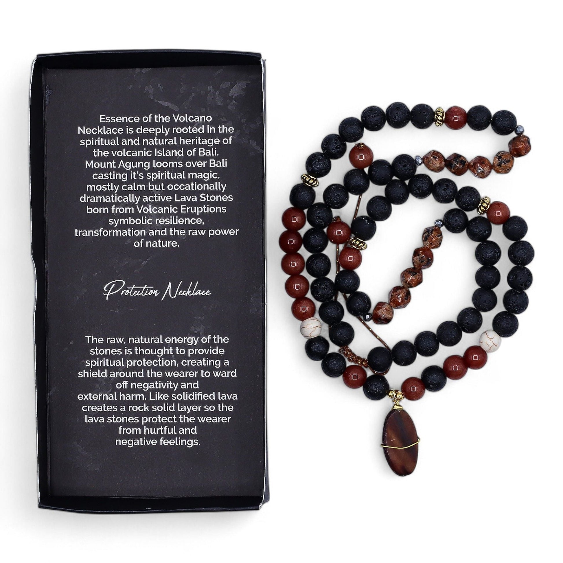 Alt Tag: Volcanic Beads Necklace – 42 CM handcrafted lava stone and gemstone bead necklace with pendant, displayed beside product box