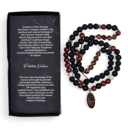 Alt Tag: Volcanic Beads Necklace – 42 CM handcrafted lava stone and gemstone bead necklace with pendant, displayed beside product box