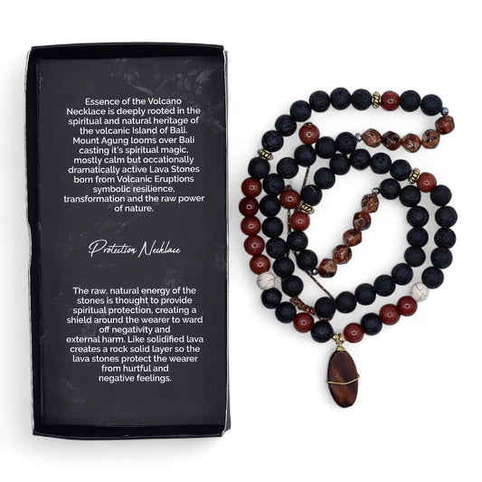 Alt Tag: Volcanic Beads Necklace – 42 CM handcrafted lava stone and gemstone bead necklace with pendant, displayed beside product box