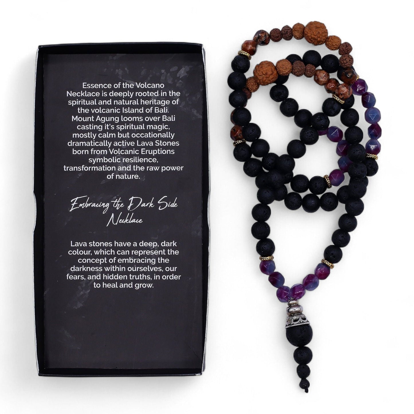 Alt Tag: Volcanic & Gemstone Necklace – Embrace Dark Side with lava stone and purple gemstone beads, tassel pendant, shown with product box