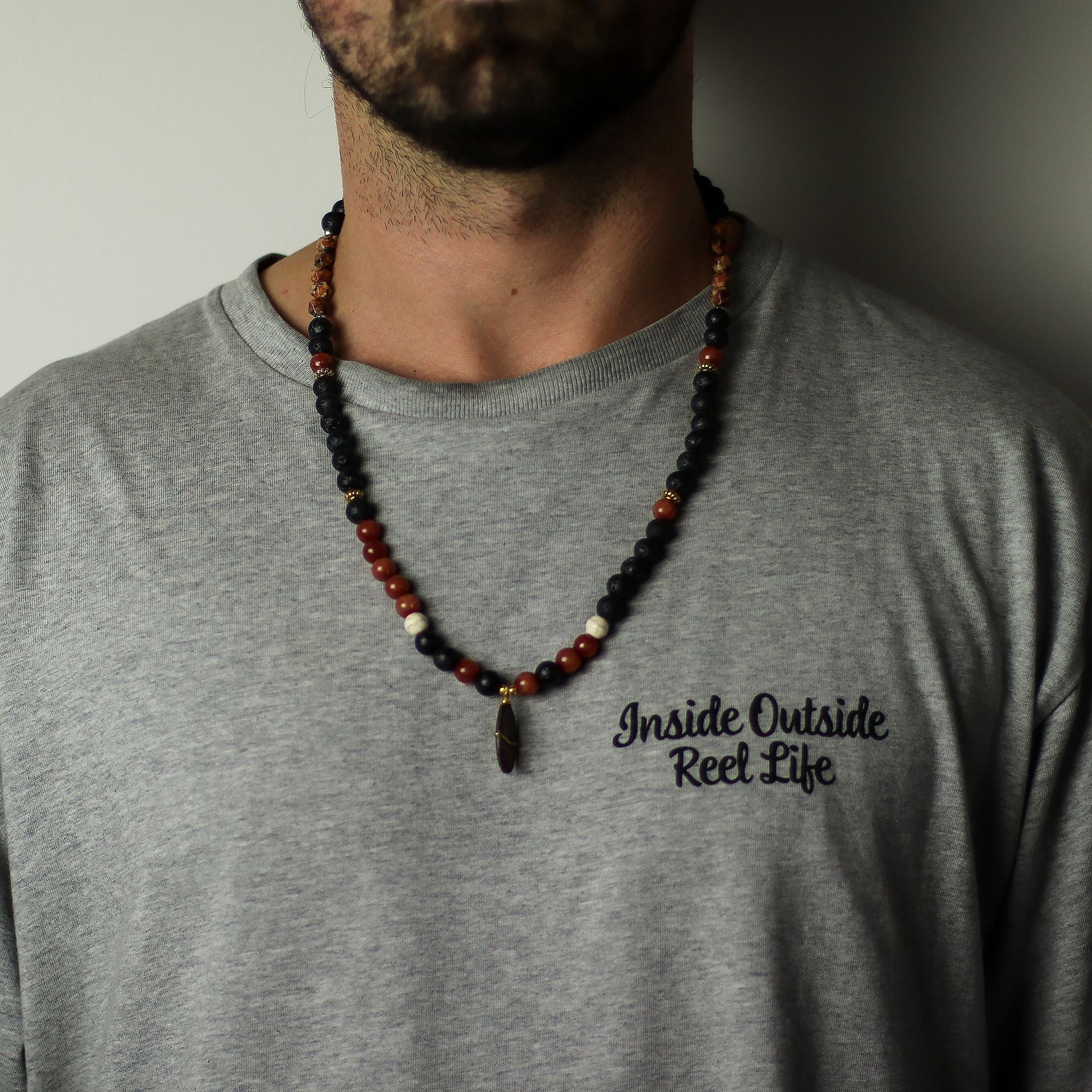 Volcanic Beads Necklace – 42 CM on model, handcrafted lava stone and gemstone bead necklace with pendant, Indonesia