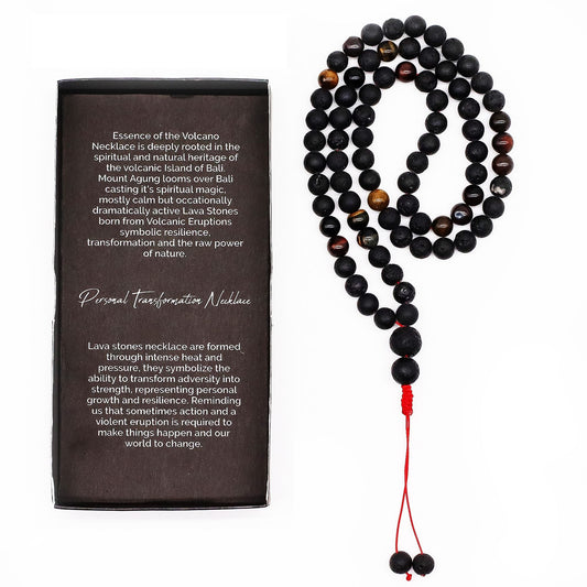 Alt Tag: Volcanic Lava & Tiger's Eye Necklace – 42CM, collar de cuentas negras de lava volcánica y ojo de tigre con caja de presentación