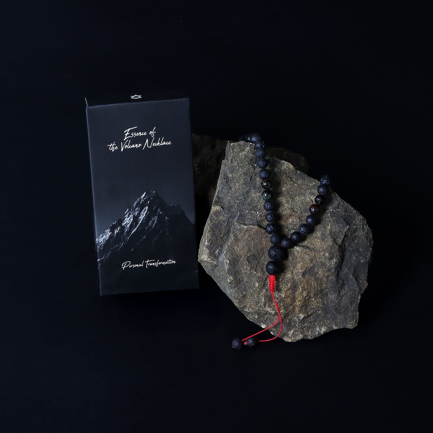 Volcanic Lava & Tiger's Eye Necklace – 42CM on rock display with gift box, black bead necklace with red adjustable cord