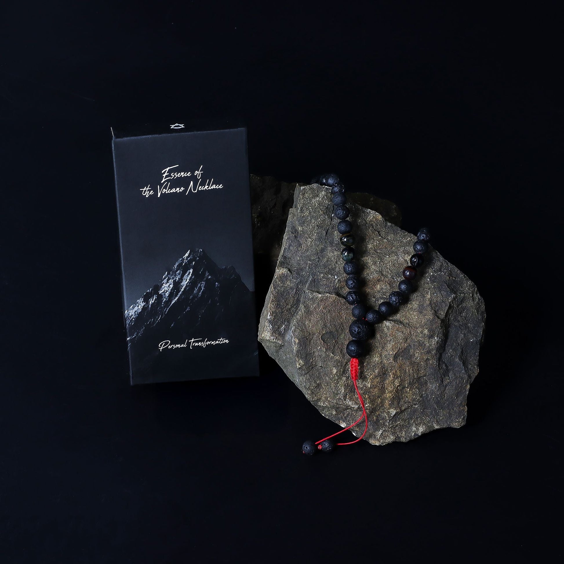 Volcanic Lava & Tiger's Eye Necklace – 42CM on rock display with gift box, black bead necklace with red adjustable cord