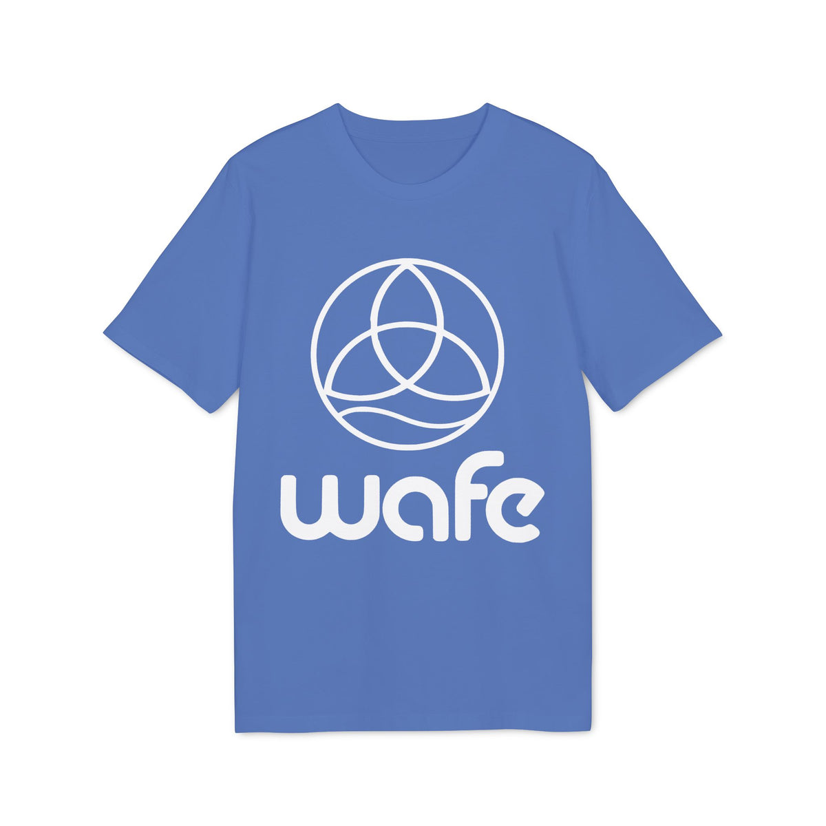 Wafe T-shirt Organic Cotton 100% blue unisex crew neck tee with white Wafe logo graphic, front view